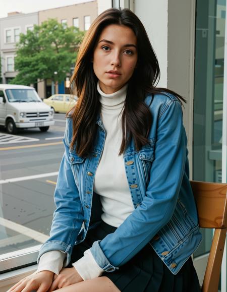 A photorealistic shoot from a side camera angle about a young woman sitting on a wooden chair in front of a large window, wearing a denim jacket over a white turtleneck sweater and a short black skirt. the woman, who appears to be 20 years old, is sitting in the middle of the image, with her legs crossed and her hands resting on her thighs. she has long, dark brown hair and is looking directly at the camera with a neutral expression. her blue denim jacket is open, revealing her white sweater underneath, and a black skirt is pulled up to reveal her black shorts. the background shows a street view through the large windows, with cars parked on the street and buildings in the distance. the lighting is soft and natural, casting gentle shadows on the wooden floor.