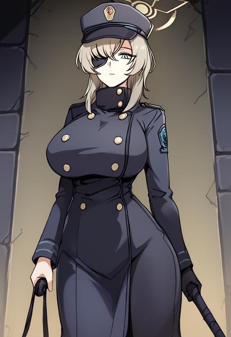 suou_\(blue_archive\) blonde hair, green eyes, yellow halo, black headwear, black gloves, uniform, coat, eyepatch,