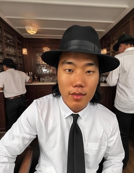 asian,<lora:onedarll:0.85>, Suave mobster. Dark, sharply tailored suit. Crisp white shirt. Tie that echoes power. Half-hidden face under a classic fedora hat. Piercing eyes that speak volumes. Vintage cigar in hand. Mysterious smoke. Dimly lit room reminiscent of an underground speakeasy. Rows of liquor bottles in the background. Rich wooden decor. Vintage feel. Palpable tension. Cool, unshakeable demeanor