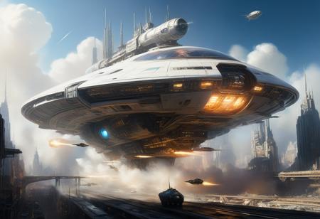 <lora:10NaturalismPainting_Hap_XL:1.5>,  Thomas Moran style, oil painting, nature, Futuristic round and white concept spaceship,  daylight, Above far bio punk city,, sharp focus, emitting diodes, smoke, artillery, sparks, racks, system unit, motherboard, by pascal blanche rutkowski repin artstation hyperrealism painting concept art of detailed character design matte painting, 4 k resolution blade runner