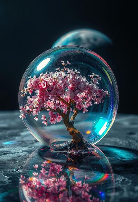 cherry blossom tree, completely transparent, reflective iridescent surface, glass art, colorful, translucent, Space, Lunar Surface, Cherry blossoms glow faintly, 
Earth in the background, 
Japanese art style, Japanese ink painting, 
best quality, sharp focus, high contrast, colorful, ultra quality, 8k, best quality,