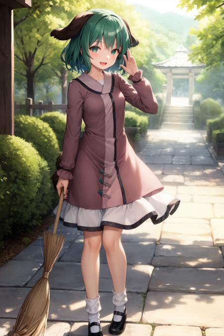 masterpiece, best quality,   <lora:KasodaniKyouko:1>,1girl, kasodani kyouko, solo, animal ears, broom, open mouth, green hair, dress, green eyes, short hair, black footwear, white socks, outdoors, socks, long sleeves, pink dress, bamboo broom, looking at viewer, shoes, holding broom, day, holding, stone lantern, sunlight, tree, standing, smile, dog ears, blush, hand up, small breasts, breasts, bobby socks, full body, light rays, mary janes, :d, tail, bangs, skirt