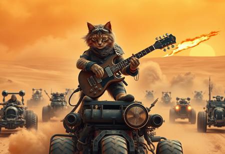 An apocalyptic wasteland scene inspired by Mad Max: Fury Road, but with anthropomorphic cats. A fierce, battle-hardened tabby cat, clad in tattered leather and war paint, stands atop a massive war rig, shredding a flaming guitar. The guitar shoots a line of fire into the dusty sky as the cat’s fur blows wildly in the wind. Its eyes burn with intensity beneath steampunk goggles, and its claws grip the instrument like a true rock god.
The war rig barrels through the desert, surrounded by a chaotic convoy of wasteland vehicles, each driven by crazed, armored feline war boys. Dust and sand swirl around monstrous, spiked cars with massive exhaust pipes belching smoke. In the distance, the endless dunes stretch beneath a searing orange sky, while war drums thunder in the background. The atmosphere is high-energy, intense, and absurdly epic, capturing the full madness of the original scene in an over-the-top feline twist.