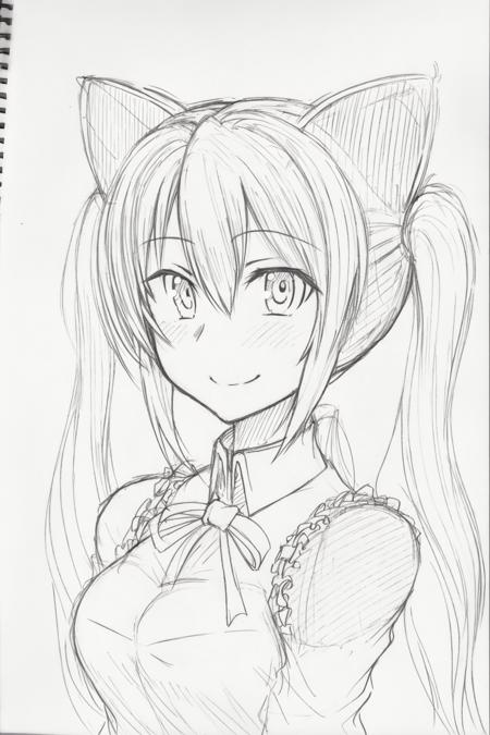 <lora:style18-v2:1>,sketch, monochrome, greyscale, traditional media, 1girl,animal ears, cat ears, long hair,twintails, smile,