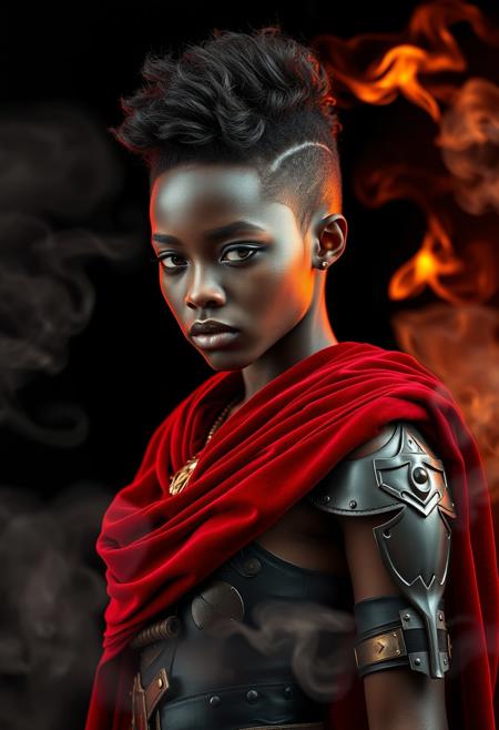 Full shot of beautiful african warrior girl, extremely short hair, wind, fire, smoke, fashion armour, red Velvet cape, perfect body, oiled skin, sensual, erotic, black background, photography studio style