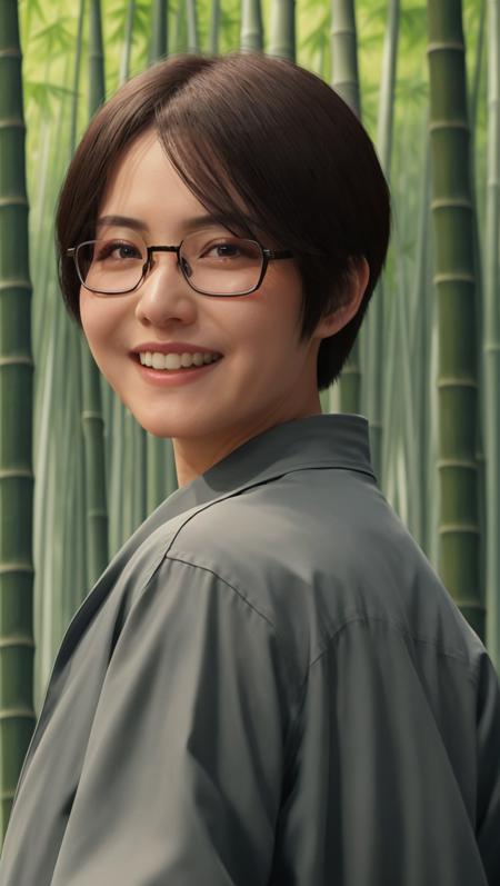 ikunak2023, 8k, uhd, best quality, masterpiece, cinematic lighting, 1girl, glasses, smile, skin pores, detailed face, detailed eyes, photorealistic, wearing red samurai armor, bamboo forest, action shot