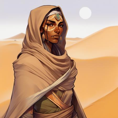 Digital Art Style of a (a close up portrait facing the camera) (((Desert Nomad))) with weathered skin and piercing eyes, wrapped in a sand-colored cloak. In the background, sand dunes stretch to the horizon under a scorching sun) desert fantasy, Arabian Nights theme game art concept art digital painting,<lora:Mythoscape Visions - Digital Art Style of a:1>