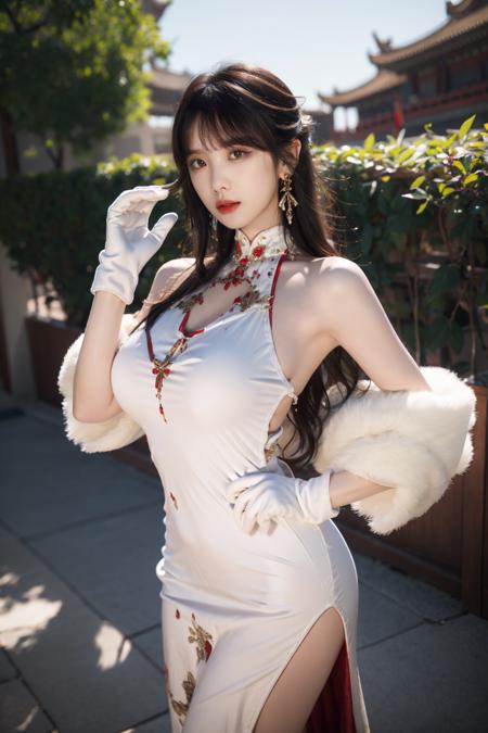 best quality,masterpiece,highres,extremely detailed cg unity 8k wallpaper,outdoors,1girl,solo,facing viewer,standing,cowboy shot,blush,eyeliner,eyeshadow,eyelashes,blunt bangs,short bangs,gigantic breasts,saggy breasts,<lora:GoodHands-beta2:1>,<lora:lemon0025-Golden Powder Dream Cheongsam_v1:0.9>,lemon0025,china dress,side slit,white gloves,white dress,jewelry,