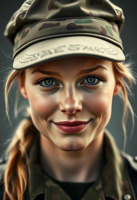 A portrait of a blonde female soldier with a subtle smile, wearing a military cap and sporting a ponytail. Two wisps of hair frame her face as she gazes directly into the lens. The shot is captured at a straight camera angle, rendering the subject in photorealistic detail.