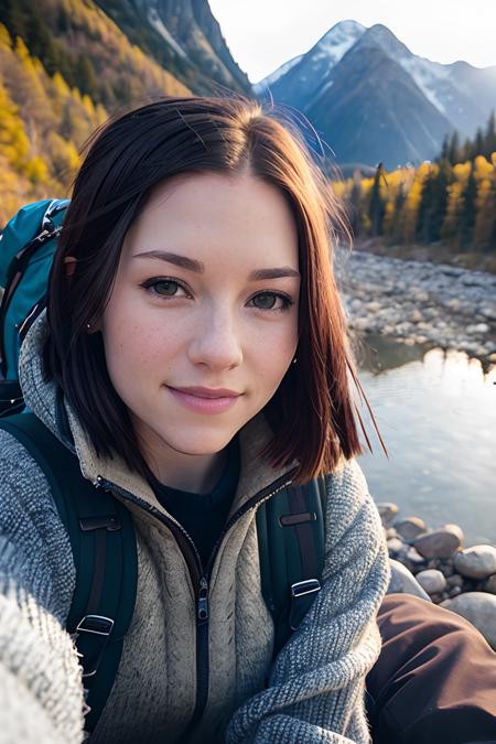 ((selfie)) photo of chyleigh, smiling, outdoors, mountains, wearing a backpack, sweater, and hiking jacket, rocks, river, wood, analog style (look at viewer:1.2) (skin texture), close up, cinematic light, sidelighting, Fujiflim XT3, DSLR, 50mm