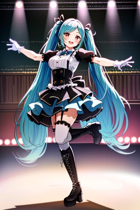 masterpiece, best quality, (1girl, solo),
yamato iori idol, 1girl, virtual youtuber, solo, long hair, blue hair, twintails, very long hair, thighhighs, red eyes, boots, open mouth, smile, gloves, looking at viewer, full body, skirt, ribbon, cross-laced footwear, garter straps, absurdly long hair, hair ribbon, knee boots, white gloves, lace-up boots, frills, breasts
 <lora:YamatoIoriIdol:0.65>
blush, dancing,
( indoor, stage ,upper body , dynamic pose, looking at viewer, ),