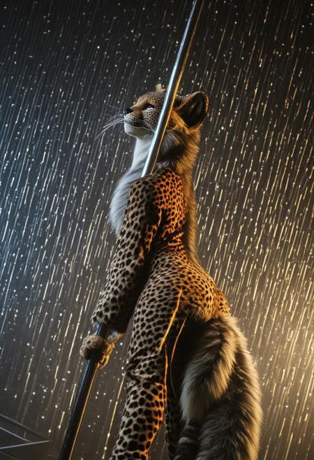 RetroBG, big fluffy tail, fluffy cheeks, ,masterpiece, best quality, amazing quality, very aesthetic, light particles, high resolution, ultra-detailed, absurdres, newest, night, scenery,
leppard, spotted fur, lynx, cheetah, high quality, fluffy fur, solo, 1girl, furry female, anthro, furry,cinematic composition, dark shadows, realistic, detailed,(pole dancing on a lit stage), one strip pole,
 nightclub, night club, light particles, half-closed eyes, cleavage, dutch angle, beautiful face, eyeshadow, slim,  smile, teasing and tempting energy, RetroBG