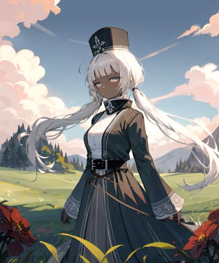 masterpiece, best quality, <lora:Charon576V1:0.7>, 1girl, charonlora, dark skin, grey hair, long hair, blunt bangs, low twintails, grey eyes, hat, grey dress, high collar, long sleeves, belt, from side looking at viewer, mountai, sky, clouds, grass, flowers