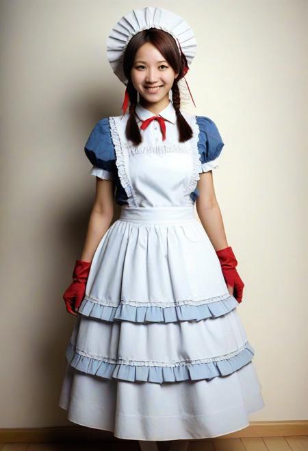masterpiece, very aesthetic, absurdres, newest, 1girl, cowboy shot, maid, mad-shingles dress, long dress, white apron, maid headdress, holding skirt, smile