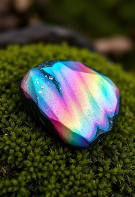 "On a velvet cushion of moss, a polished rainbow rock reclined, its surface a kaleidoscopic tapestry of colors that shimmered and pulsed like the heartbeat of a celestial being. Iridescent glints of opal, amethyst, and rose danced across its curves, as if the very essence of the aurora borealis had been distilled into this tiny, resplendent gem. A sprinkling of microscopic, glittering particles - like stardust, or the shimmering scales of a celestial fish - encrusted its surface, casting a trail of tiny, shimmering echoes across the surrounding air, as if the rock was exhaling a gentle, rainbow-hued sigh of wonder." highest-Quality, intricate details, visually stunning, Masterpiece