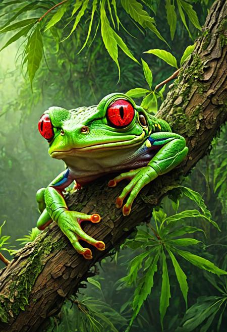 Full body shot, of a high on cannabis weed stoner Jamaican red-eyes tree frog with (red eyes and relaxing on a tree branch:1.6), (reggae:1.5), funny, red eyes from being high on weed, Rastafari,  beautiful art uhd 4 k, studio digital art, gorgeous digital art, 4k highly detailed digital art, photoshop art, karol bak uhd, artistic digital art, expressive beautiful portrait, amazing digital art, gorgeous, fantasy, stunning digital illustration, incredible digital art, beautiful digital artwork, (illustration:1.3),