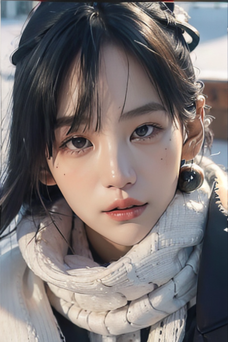 1girl,(close-up:1.4),(winter ,snowy:1.2),(RAW photo:1.2), (photorealistic:1.4),(masterpiece:1.3),(best quality,1boy:1.4), dreamlike, (detailed eyes),(detailed facial features), (detailed clothes features) solo, cute,closed mouth, (medium breasts), black hair, black eyes, crystal pendant, Long blue scarf,White long wool coat,Black thick pantyhose,Brown snow boots,(detailed face), grunge,(high detailed skin:1.2),soft lighting, high quality,