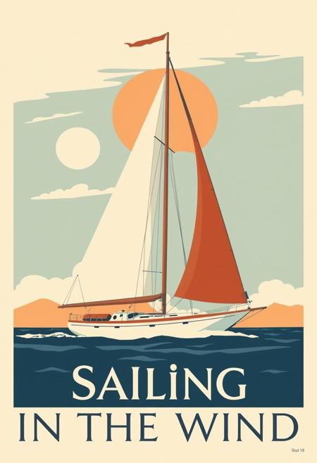 graphical art, sailboat, poster design, text "Sailing in the wind", vintage retro style, scandinavian, art deco travel poster,