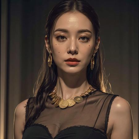 jinbi, 1girl, black dress, gold coin