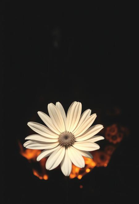 Monochromatic art inspired by John Batho and John Mckinstry, Detailed, naturalistic, realistic wildlife art, a vibrant daisy blooms amidst a fiery pit of burning brimstone, darkened landscape, warm glow on its delicate white center, abstract composition, poetic atmosphere, interplay of light, form, and texture, exercising minimalist geometry, French photographic style, exercising simplicity.