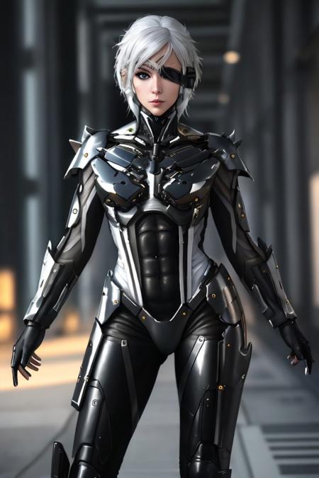 masterpiece, highest quality, photorealistic, scenery, stunning (full body:0.7), photo of european girl, shiny, (raidenmgr:1.1), eyepatch, (scifi, futuristic, hi-tech:1.0), white hair, black suit, hologram, skin details, high detailed RAW, 8k UHD, looking to the side, focused expression, antitech
 <lora:RaidenDoguV3:0.85>