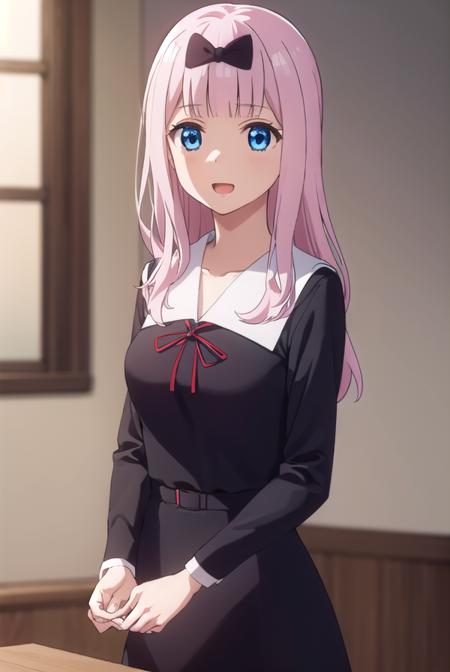 chikafujiwara, <lora:chika fujiwara s3-lora-nochekaiser:1>,
chika fujiwara, long hair, bangs, blue eyes, bow, pink hair, (hair bow:1.2), blunt bangs, black bow, smile, open mouth,
BREAK long sleeves, dress, ribbon, school uniform, collarbone, (black dress:1.2), sailor collar, white sailor collar, red ribbon, neck ribbon, shuuchiin academy school uniform,
BREAK indoors, classroom,
BREAK looking at viewer, (cowboy shot:1.5),
BREAK <lyco:GoodHands-beta2:1>, (masterpiece:1.2), best quality, high resolution, unity 8k wallpaper, (illustration:0.8), (beautiful detailed eyes:1.6), extremely detailed face, perfect lighting, extremely detailed CG, (perfect hands, perfect anatomy),