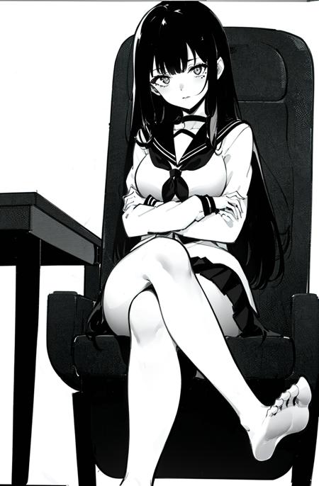 1girl, long_hair, solo, crossed_arms, breasts, monochrome, sitting, feet, hair_ribbon, long_sleeves, crossed_legs, looking_at_viewer, school_uniform, ribbon, pantyhose, bangs, neckerchief, simple_background, eyebrows_visible_through_hair, greyscale, medium_breasts, soles, white_background, closed_mouth, sailor_collar, no_shoes, serafuku, skirt, very_long_hair, mole_under_eye, chair, arms_under_breasts <lora:style_Kiyokujiyo:1>