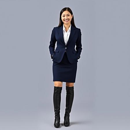 Business woman (ethnicity:Asian, age:30-40, detailed clothing:1.2, accessories:1.1, facial features:1.2, expression:pleasant, body type:slender, pose:standing), wearing a navy blue blazer and skirt suit, a white shirt underneath, and black knee-high boots,  standing in a full shot, centered in frame, facing the viewer directly, from a mid-range perspective,  simple, studio background with neutral gray tone, classic professional business attire style, photorealistic, detailed texture of fabric and footwear,  well-lit, neutral lighting,  moderate color saturation, high-quality professional portrait,  high detail.