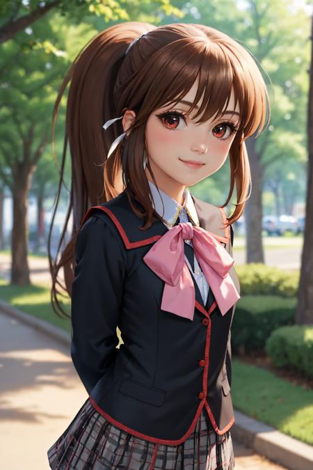 natsume rin, ponytail school uniform, pink bow, plaid skirt