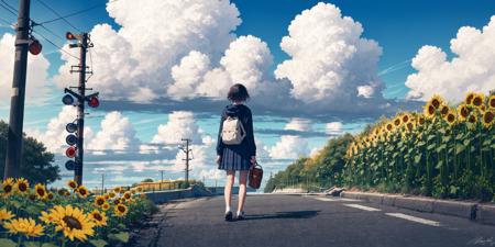 -blues, 1girl, outdoors, cloud, sky, flower, skirt, sunflower, solo, utility pole, power lines, holding, bag, brown hair, day, shoes, scenery, school uniform, holding flower, blue sky, hood down, road, from behind, building, pleated skirt, blue skirt, signature, standing, hood, cumulonimbus cloud, sneakers, backpack, house, cloudy sky, summer, street, facing away, yellow flower, shadow, white footwear, short hair, long sleeves, hooded jacket, shirt, jacket, white shirt, wide shot<lora:blues_20240115150616-000018:0.9>,