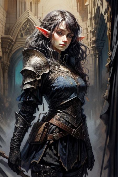 score_9, score_8_up, 8, score_7_up, solo,  
fantasy style, masterpiece, 8k, dynamic pose, 20 y.o, <lora:Fantasy_Classes_SD:1>,
score_9, score_8_up, score_7_up, watercolor \(medium\), traditional media, masterpiece, best quality, highly detailed, intricate design, brilliant colors, (zPDXL3), <lora:zPDXL3:1> <lora:drow_offset:0.5> <lora:Watercolor Anime Style LoRA_Pony XL v6:0.5> 1girl, female, elf ears, dark skin, white hair, purple eyes, detailed_eyes, dark blue military uniform pants, dark blue military uniform top, black medieval fantasy armor, black metal armor, black Cuirass armor, black Plackart armor, black chest armor, blue uniform collar, black gauntlets, shoulder length gloves, thigh high boots, black bladed sword, dungeon, dark room, no windows,
BREAK
(EyesHD:1.2), (4k,8k,Ultra HD), masterpiece, best quality, ultra-detailed, very aesthetic, sharp focus, depth of field, ray tracing, best lighting, detailed illustration, detailed background, cinematic, 
BREAK 
detailed background, dynamic action image,
BREAK
oil painting, BadDream, negative_hand, NEG_EMBED_STABLE_YOGI_V3, FastNegativeV2, AissistV2
(detailed:1.3), (sharp focus:1.1), medieval style, (expressive face:1.2),,