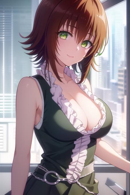 ryoukomikado, <lora:ryouko mikado darkness-lora-nochekaiser:1>,
ryouko mikado, short hair, hair between eyes, (green eyes:1.5), red hair, hair intakes, smile,
BREAK skirt, shirt, thighhighs, cleavage, frills, sleeveless, black skirt, sleeveless shirt, pink shirt, frilled shirt,
BREAK indoors, classroom,
BREAK looking at viewer, (cowboy shot:1.5),
BREAK <lyco:GoodHands-beta2:1>, (masterpiece:1.2), best quality, high resolution, unity 8k wallpaper, (illustration:0.8), (beautiful detailed eyes:1.6), extremely detailed face, perfect lighting, extremely detailed CG, (perfect hands, perfect anatomy),