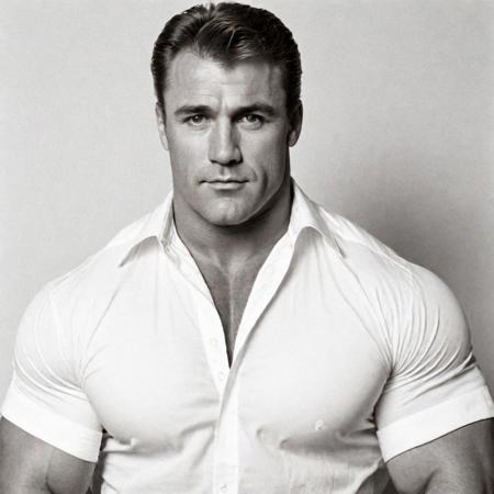 in the 1980's, a huge musclebear man, muscled, beefy, 1980s hairdo, wearing a white shirt, captured with a 35mm camera, black and white, classic film