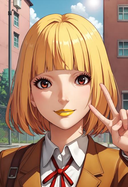 Hana_Midorikawa school uniform blonde hair, brown eyes short hair, blunt bangs yellow lipstick eyelashes