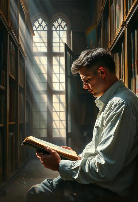 A quiet moment in an old library, where a man studies a weathered book as sunlight filters through dust-filled air
romantic realism, expressive impressionism, classical elegance, gestural brushwork, emotional intimacy, soft yet dynamic lighting, refined portraiture, atmospheric settings, painterly textures, narrative-driven scenes, warm color palette, fluid composition, timeless aesthetic