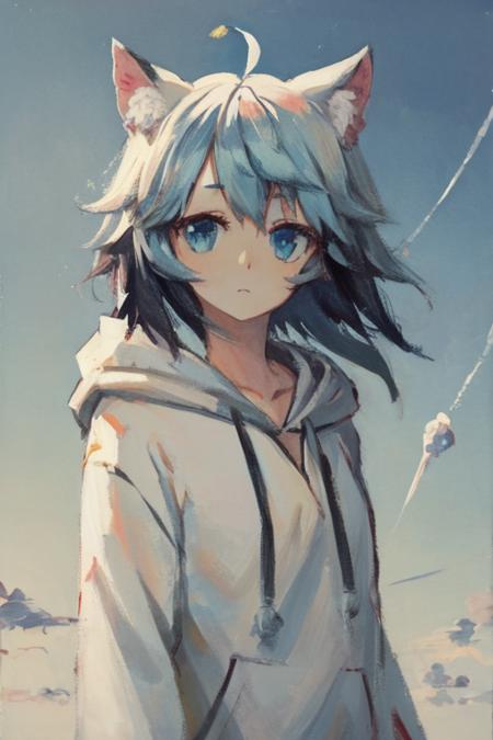 gouache,masterpiece,1girl,solo, light blue hair,long hair,animal ear fluff,kemono,azur eyes,short hair,white shrug,white hoodie,ahoge,
sleeves past wrists  ,expressionless,sky,standing, cloud contrail ,close-up shot, <lora:gouachev8-000144:1:1,0,0,0,1,1,1,0,1,0,0,0,1,1,1,1,1,1,0.6,0.8,1,1,1,1,1,1>,