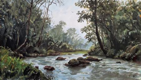 oil on canvas, (by William Stanley Haseltine:1.3) and Ted Nasmith, Anime, landscape of a Otherworldly (The River Lethe:1.1) , jungle, Thunderstorm, Evil, <lora:OIL_ON_CANVAS_v3:1>