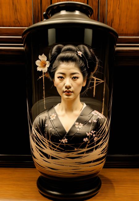 double exposure geisha silhouette on black clay vase, wabi-sabi, high contrast, earthy tones, ink and watercolor, cherry blossom, tea set, black wood, dark background , <lora:tbh273-:1>, masterpiece, best quality, realistic, very clear, ultra quality, ultra detailed, award-winning, octane, masterpiece, vibrant color scheme