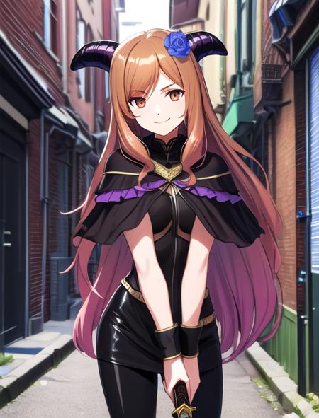 best quality, masterpiece, highres, detailed, digital artwork, <lora:Detail - add_detail:0.2>, QuelleSellier, two-tone hair, brown hair, purple hair, brown eyes, head flower, black capelet, black leggings, holding curved sword, evil smile, ice magic, <lora:Character - QuelleSellier:0.6>, alleyway, demon horns,