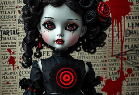 Create a gothic doll character with porcelain white skin, deep black curly hair, and intense blood-red eyes. Her hair is intricately adorned with black roses and red threads woven through the curls. She wears a Victorian-inspired black dress with smoky, fading textures, and a spiral target symbol glowing red on her chest, giving her a hypnotic and unsettling presence. The background is covered in a wall of chaotic text and symbols, with random letters and scribbles in bold black and red. Splashes of blood-red paint accent the composition, giving the scene a gritty, graffiti-like effect. Her makeup is dark and dramatic, with thick eyeliner and blood-like drips extending from her eyes, creating a haunting yet elegant appearance. The overall vibe should be gothic, surreal, and ominous, blending the aesthetic of a porcelain doll with unsettling, abstract visuals.