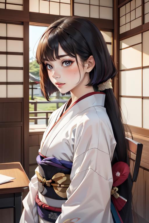 Anime-style drawing of a woman in a kimono, sitting in a chair.