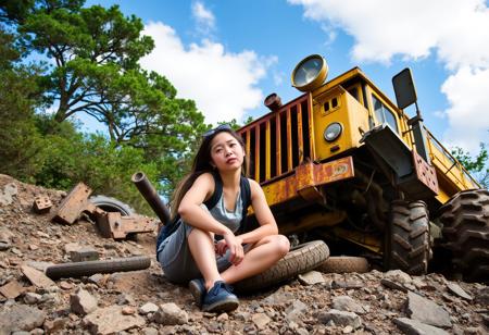 The image shows a young woman sitting on a rocky hillside with a backpack on her back. She is crouching down next to a large, rusted vehicle that appears to be a military vehicle. The vehicle is yellow in color and has a large headlight on top. The front of the vehicle is covered in rust and debris, and there are several large tires and other mechanical components scattered around it. The sky is blue with some clouds, and the hill is surrounded by trees and shrubs. The woman is looking down at the vehicle with a contemplative expression on her face.