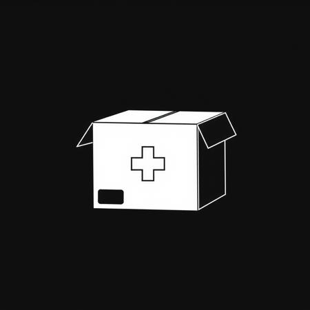 (stylized 2D, vector art), (schematic representation of an cardboard box with a medical symbol), (solid colors, thick-linework), white outline, black background, cardboard box with a medical symbol white in the center, black background, HDR, UHD, overall design is square, the design is only in black and white and minimalist in style