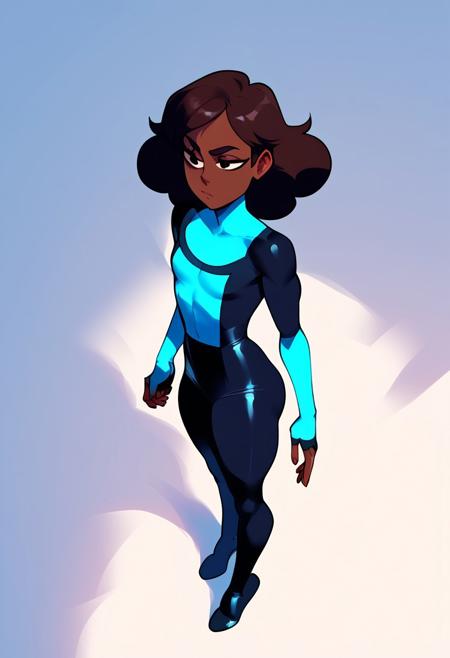 score_9, score_8_up, score_7_up 
   , masterpiece, beautiful,1 girl, small breast, dark skin,
connie, 1girl, brown hair, dark-skinned female, solo, black eyes, tied hair, 
Invinciblemc,skintight suit, dark blue torso colored suit, blue and black suit, dark blue colored lower body suit,black accents, black u-shaped neckline on suit, blue arm area colored, black fingerless gloves, black boots,