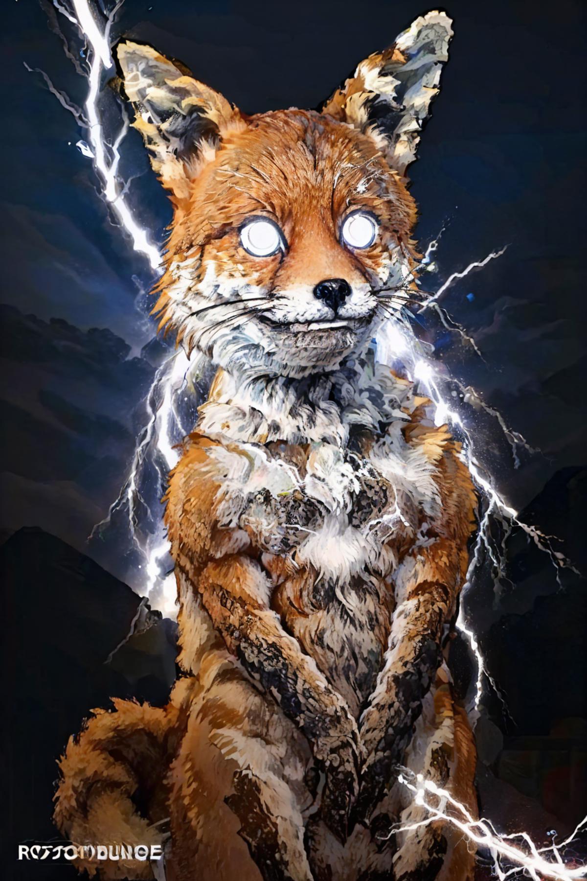 A brown and white fox with lightning bolts coming from its eyes.
