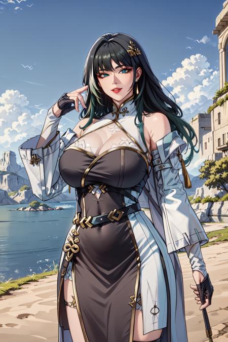 baizhi, green eyes, black hair, white hair, streaked hair, very long hair green hair, gradient hair china dress, cleavage cutout, detached sleeves, bare shoulder, thigh strap, fingerless gloves, hair ornament