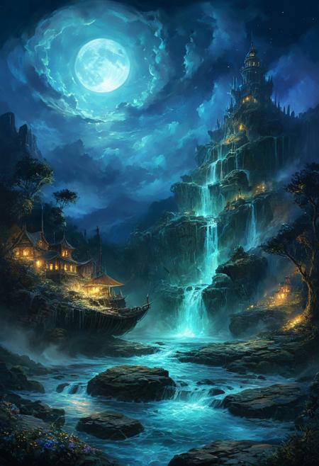 (by Ellen Jewett:1.5), (Bioluminescent Impressionism, , The Dreamland, Under the eerie glow of a blue crescent moon, a bright and wonderous landscape unfolds . A vibrant, and glowing brown lumenarium flying ship flies over a wonderful landscape of  great, yet lush canyones  with waterfalls.  Its black paint contrasts starkly with the wonderous atmosphere. In the background, more waterfalls cascades down jagged rocks,the water glistening in the moonlight. urithiru, tower city, up on a mountain,  Thick,s wirling clouds loom overhead,adding to the sense of a magical presence. The moonlight filters through the clouds,casting an otherworldly glow over the scene. The air is thick with mysticism,as if the very night holds ancient secrets and powerful magic.  [romantic impressionism,dream scenery art,beautiful oil matte painting,romantic,style of thomas kinkade,beautiful digital painting,anime landscape,romantic painting,dreamlike digital painting,colorful painting,beautiful gorgeous digital art,style of greg rutkowski,janek sedlar,jenny saville:0]  <lora:vivid_everclear:0.35>  <lora:Sinozick:0.35>  <lora:MJ52:0.35>, view from above,  biotech emotion:1.3) <lora:xl_more_art-full_v1:0.5> <lora:add-detail-xl:1> <lora:RMSDXL_Creative:2>