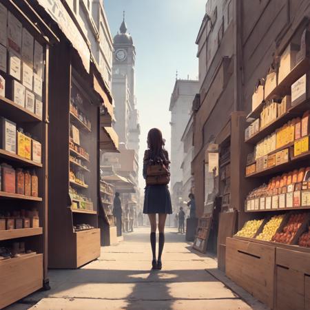 1girl  standing in front of a grand bazar, merchants, fantasy, kiosks, carriges, colorful,  bright, morning, blue sky, lively, energetic, sunny, masterpiece, best quality, absurdres, <lora:doortoinfinity:0.65>