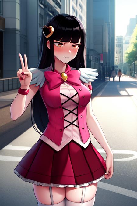 masterpiece, best quality, 1girl, outdoors, sunlight, street, cowboy shot, peace sign, arm at side, long hair, black hair, blunt bangs, annoyed, looking away, blush, white thighhighs, garter straps, magical girl, pink skirt, heart hair ornament   <lora:queenofhatred_2385:0.8>