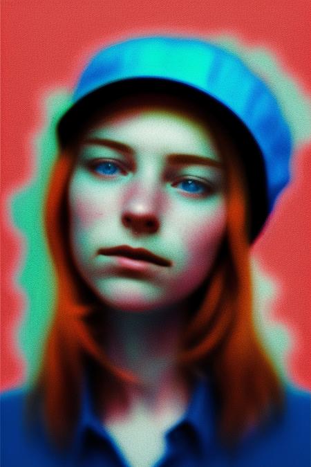 glitch,a portrait of a blonde girl with blue cap and blue shirt